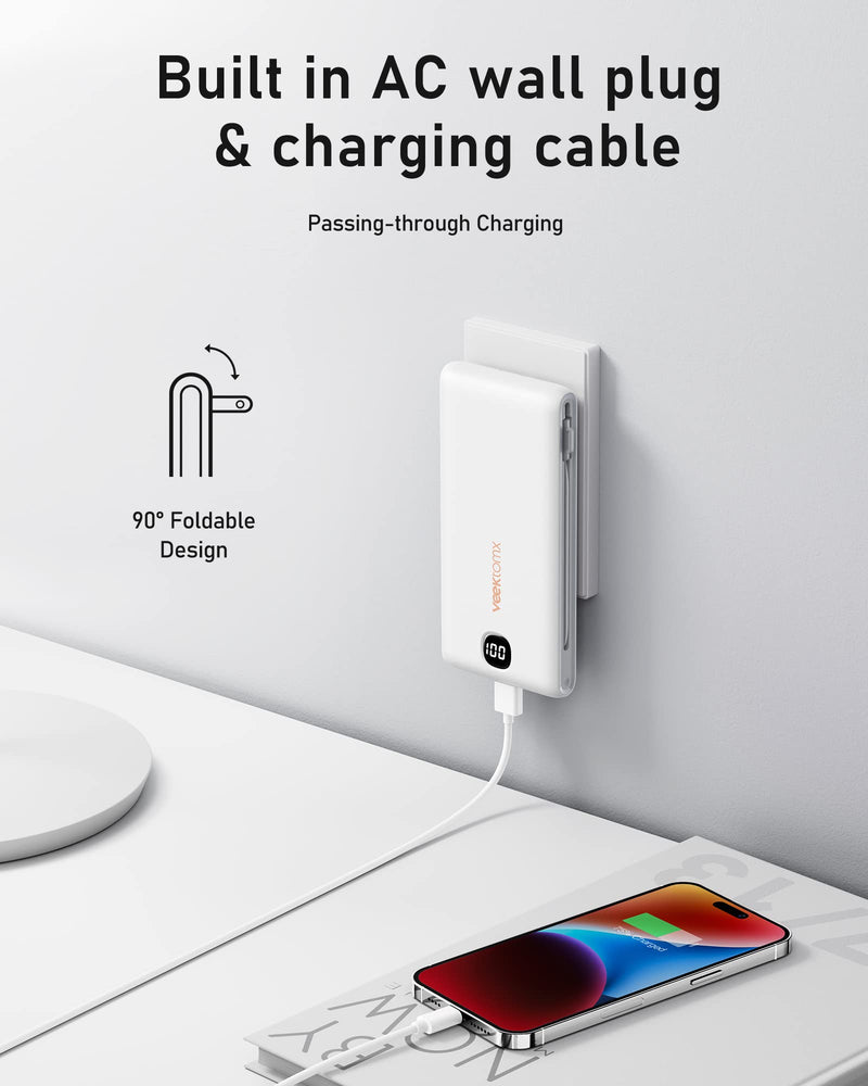 VEEKTOMX Power Bank with Built in Cables 22.5W 10000mAh, Portable Charger for iPhone with AC Wall Plug, Fast Charging USB C Slim iPhone Charger with LED Display Compatible with iPhone15/14/13, Samsung 10000mAh White