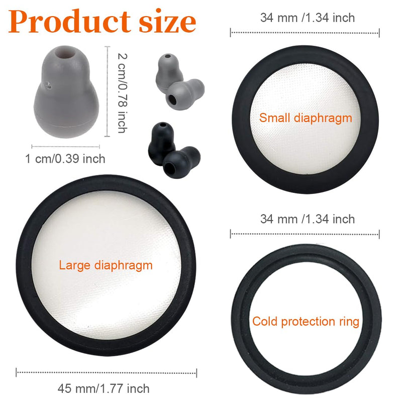 GXGM 1 Set Suitable for Littmann Stethoscope Replacement Parts, Littmann Membrane, Large and Small Suspension Membrane + Non-Slip Ring Set, 2 Pairs of Silicone Stethoscope Earplugs (Black, Grey)