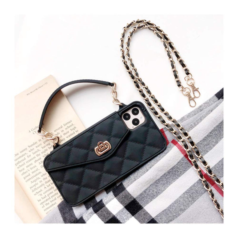 UnnFiko Wallet Case Compatible with iPhone 15 Pro Max, Cute Light Luxury Bag Design, Purse Flip Card Pouch Cover Soft Silicone Case with Handstrap Long Shoulder Strap (Black, iPhone 15 Pro Max) Black