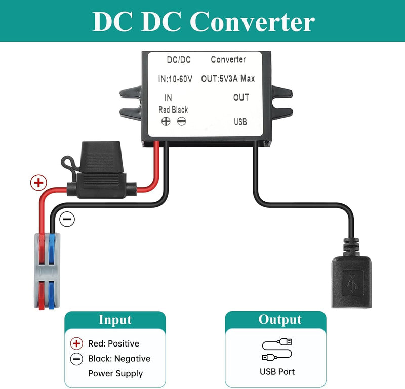 DC DC Buck USB A 10-60V to 5V Voltage Converter with Fuse 5V 3A 15W MAX 12V/24V/36V/48V/60V Power Transformer Waterproof Step Down Module for Automotive, LED Lights, Boat Docks, Instruments USB 10-60V to 5V 3A 15W