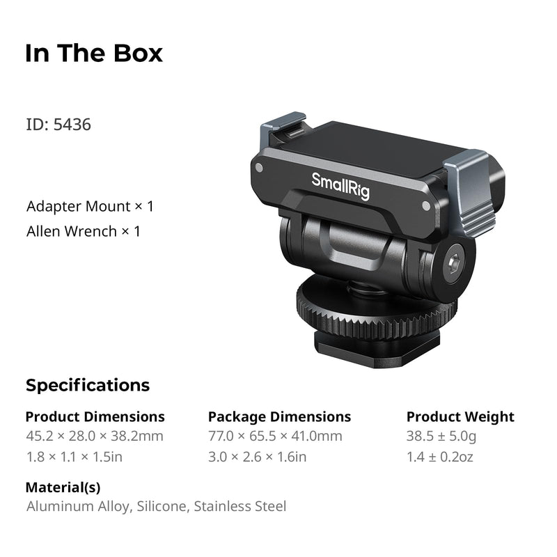 SMALLRIG Cold Shoe Adapter Mount for DJI Osmo 360 / Action 5 Pro / 4 / 3, with Quick Release Mount, 180° Tilt Adjustable - 5436