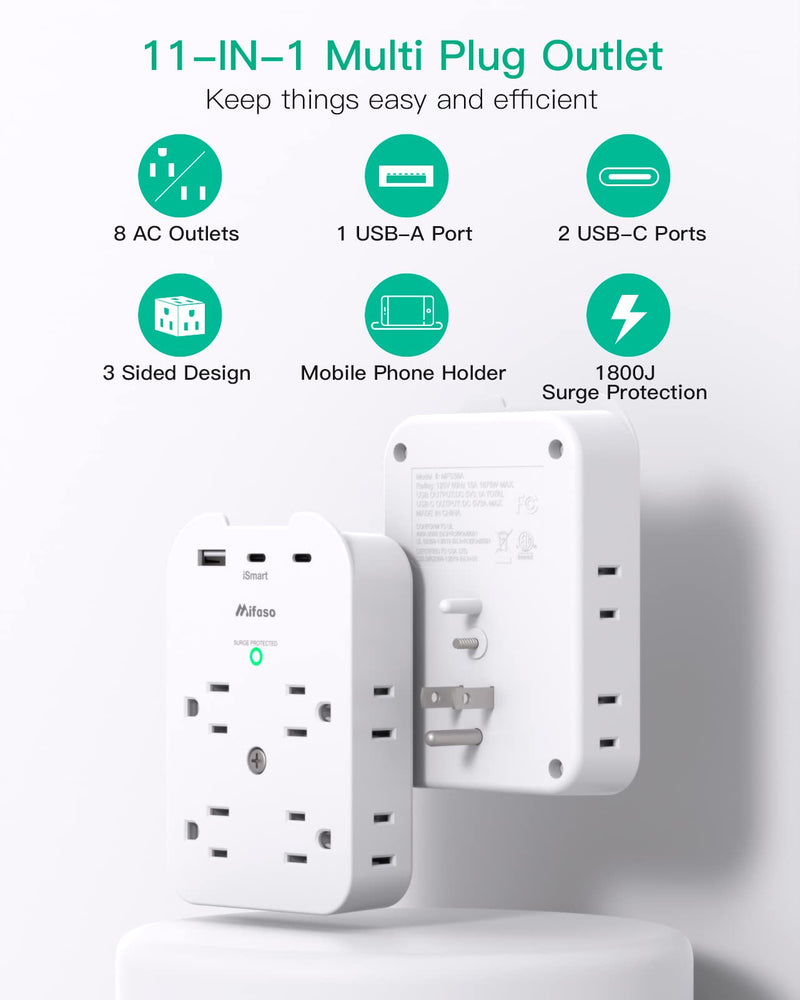 Mifaso Outlet Extender - Wall Surge Protector with 8 Outlets 3 USB 2 USB C, 1 USB A Multi Plug Outlet Splitter, Wall Mount Adapter with Top Phone Holder for Home, School, Office 1800 Joules White - 8 Outlets