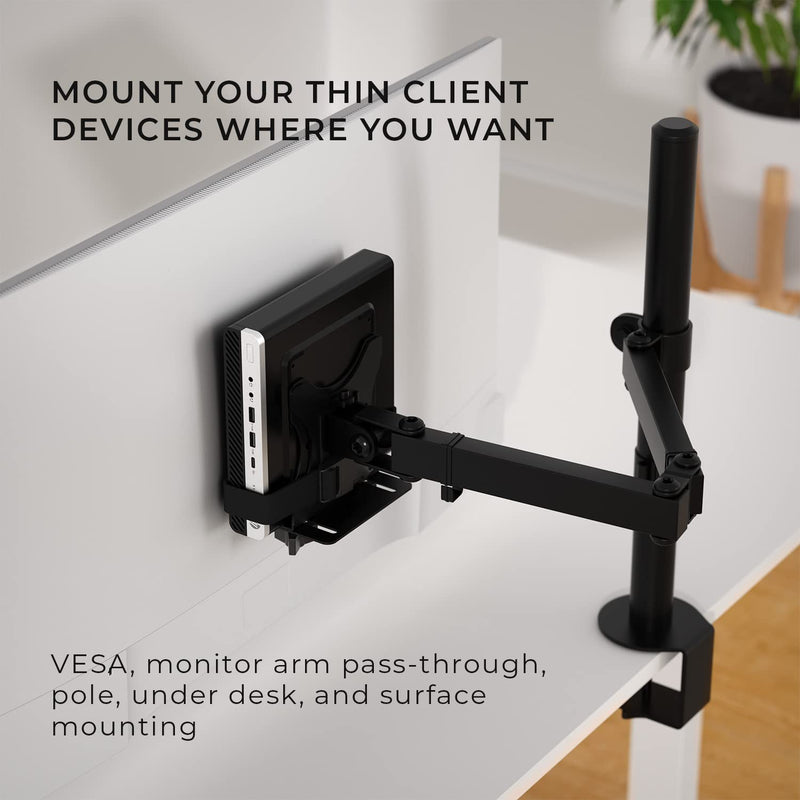 HumanCentric Thin Client Mount Bracket Mini PC VESA Monitor Arm, Under Desk | Fits Devices 0.65–2.55" Depth, Mounts to Pole or Surface, Compatible with 75x75 & 100x100mm VESA Patterns