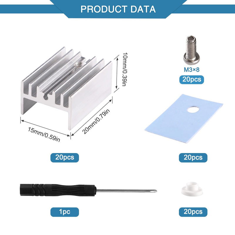 VooGenzek 20 Pieces TO-220 Heatsink and Insulator/Mounting Kits, Heatsink + Screw + Washer + Insulator Rubberised Silicone for TO-220 MOSFET Transistor, 20 x 15 x 10 mm Without needle