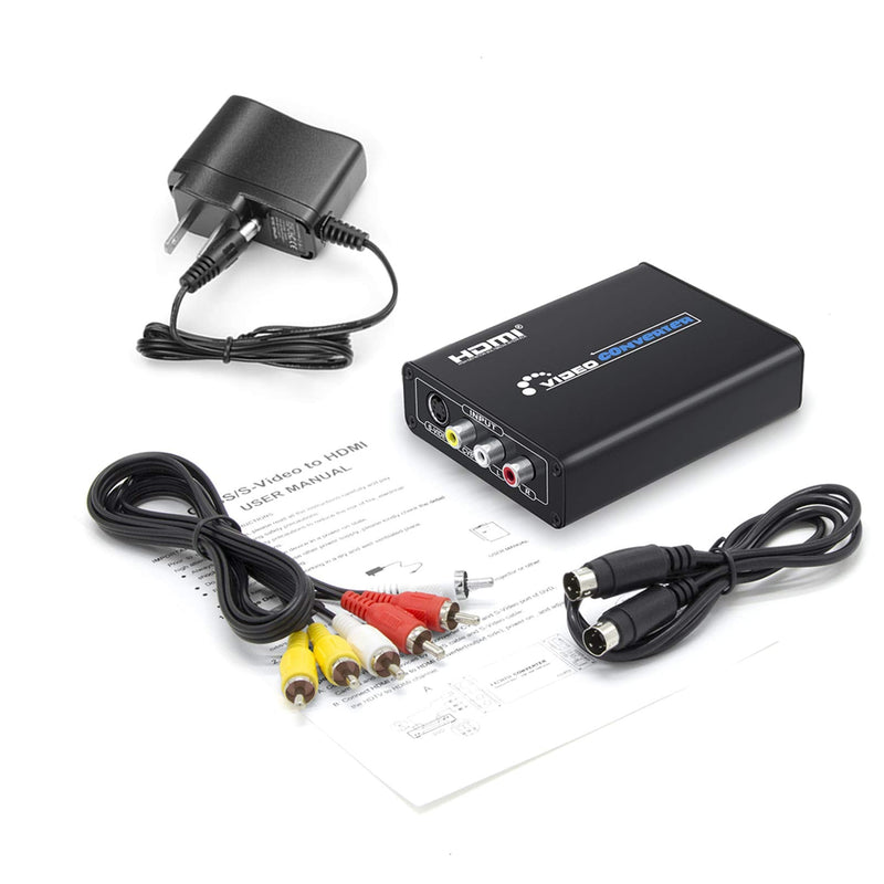RCA Svideo to HDMI Converter with AV + S-Video Cables, RCA Composite CVBS AV or Svideo + R/L Audio Input to HDTV Output Upscale Converter
