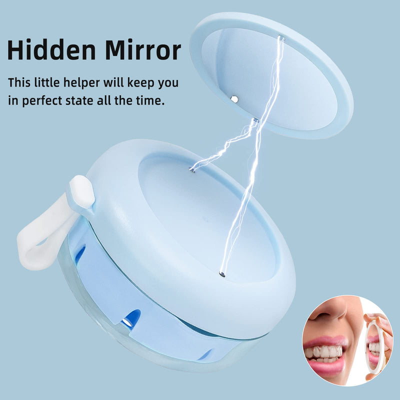 Leak Proof Denture Cup Kit Portable Retainer Case Perfect for Travel, Denture Case Container Cleaning Care for Dentures Aligner Mouth Guard with Denture Brush,Strainer, Removal Tool and Mirror Blue