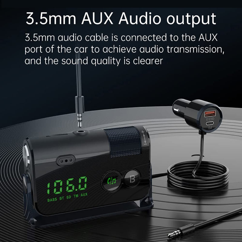 WYYHAA Fm Bluetooth Transmitter Car, 2 Microphones & QC3.0 +Type-C PD 18W HiFi Bass, Car Bluetooth Adapter Supports Hands-Free Calling, Siri Google Assistant, TF Card AUX Output, Blue