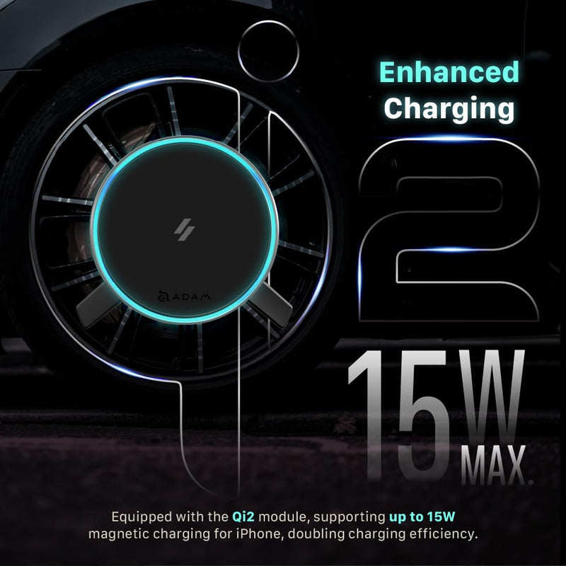 ADAM ELEMENTS CQ2 Qi2 Certified Magnetic Car Mount Wireless Charger, 15W Fast Charging Station for iPhone 17/16/15/14/13/12 Series, Strong Magnet Phone Holder for Air Vent