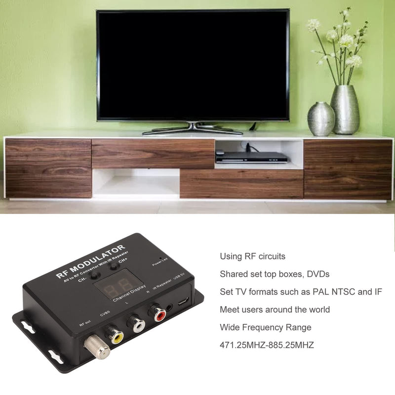 UHF Modulator, Mini AV to RF Modulator, UHF TV Link Modulator AV to RF Converter, AV to RF TV Modulator with Channel Display, Support PAL NTSC, for Set Top Box, DVDs