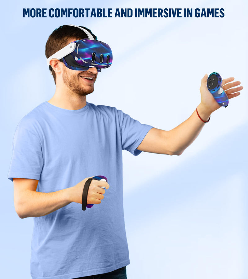 Silicone Cover Set Compatible with Oculus/Meta Quest 3, Touch Controller Grips Cover, VR Shell Cover, Facial Interface Cover, Protective Lens Cover, Tempered Glass Lens Caps (Aurora Blue) Aurora Blue