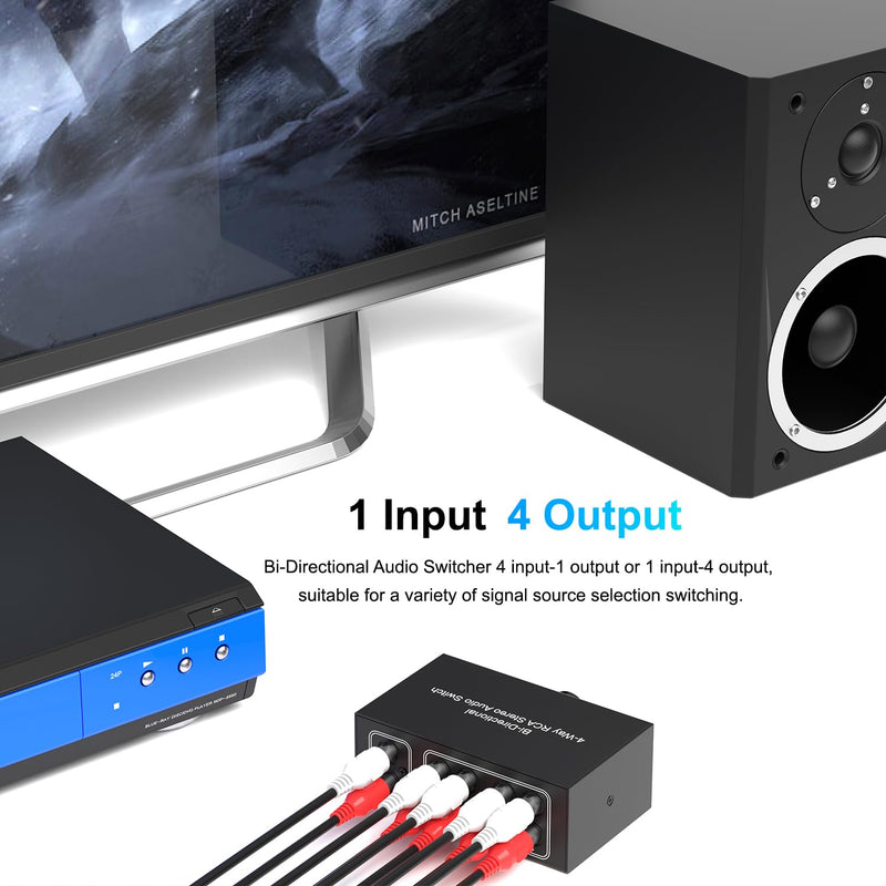 Dingsun 4-Way Stereo Audio Switcher, Bi-Directional Right and Left Channel Audio Selector Box for Blu-ray Players or DVD Players Active Speakers (4In-1Out /1In-4Out)(1In-4Out /4In-1Out) 1In-4Out /4In-1Out