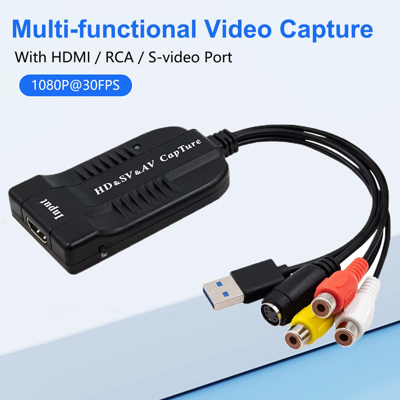 USB Video Capture Card HDMI/AV/RCA/S-Video to USB2.0 Audio Video Capture Device 1080P30fsp Hi8, VCR, VHS to Digital Converter for Camcorder DVD PS4 Live Streaming Compatible with Mac Windows