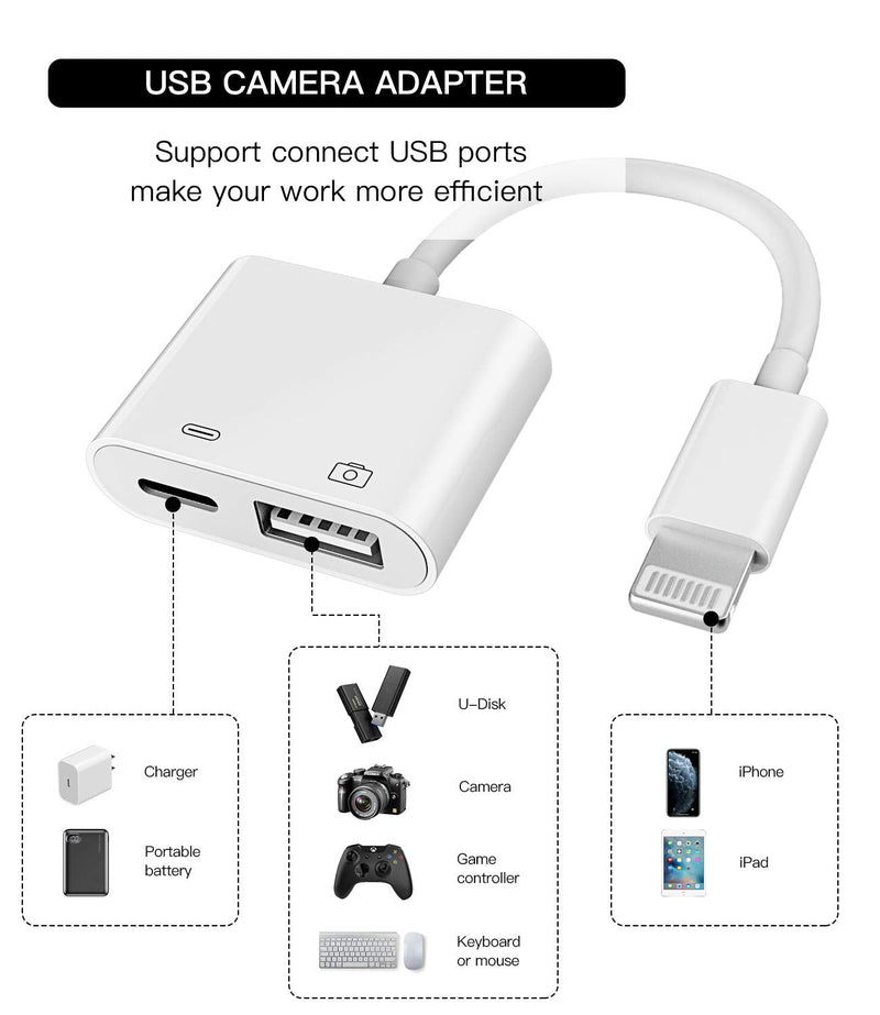 [AUSTRALIA] - Apple Certified Lightning Male to USB Female Adapter OTG and Charger Cable for iPhone 11 12 Mini max pro xs xr x se 7 8plus Ipad air A Camera Memory Stick Flash Drive Cord Converter Charging Splitter USB+Lightning 1Pack White-1 