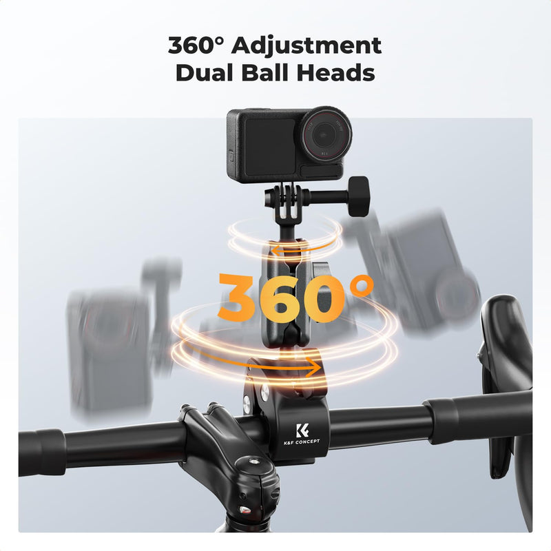 K&F CONCEPT Super Clamp Camera Mount with 360° Dual Ball Head, Bike/Motorcycle Handlebar Mount Compatible with DJI Action 6/5/4/3, Hero 13/12/11/10, 360 X5 X4 Super Clamp with Phone Holder