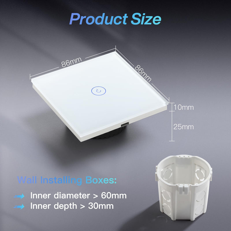 [AUSTRALIA] - BSEED Smart Wi-Fi Touch Sensor Light Switch, Crystal Glass Plate Wall Light Switches, Works with Alexa and Google Home via Tuya, for Office Decoration, 1-Gang, 1-Way, White (Neutral Wire Required) 1 partition 1 way 