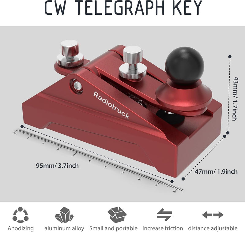 CW Telegraphy Key Auto Morse - Radio HAM Send Telegram Key Lambic Single Paddle Transmission Morse Code Key with Aluminum Alloy Body Base (Red) Red