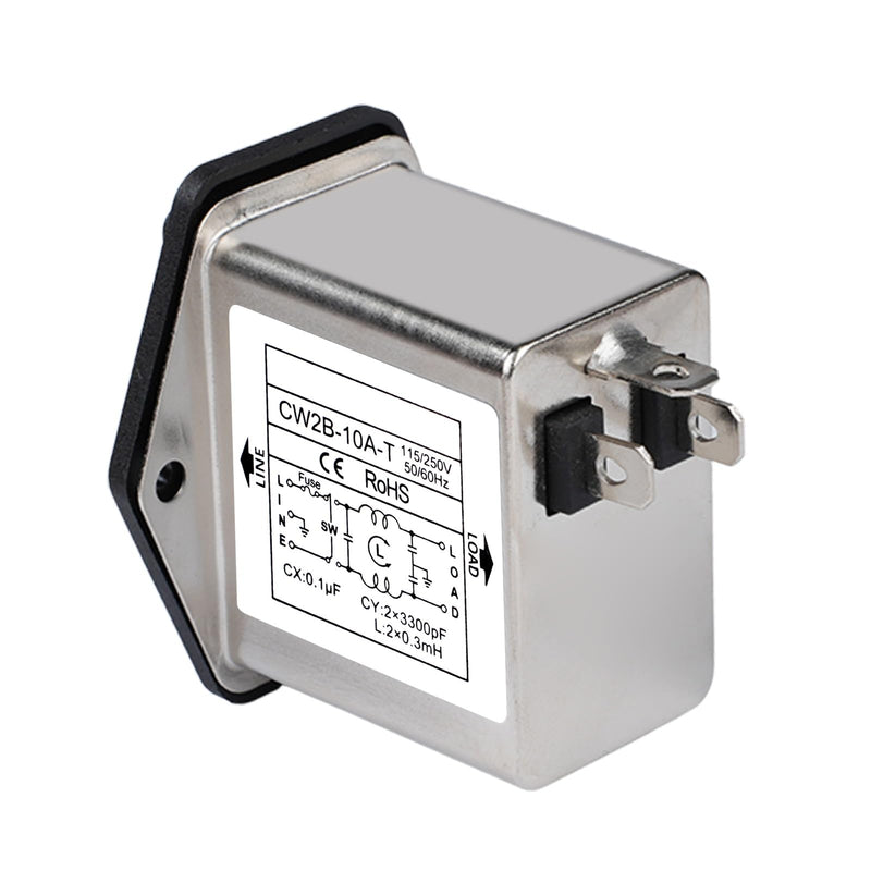 Jadeshay Mains Filter, CW2B-10A-T EMI Filter 10A Single-Phase Mains Filter Socket Electromagnetic Interference Filter 50/60Hz AC 115V/250V