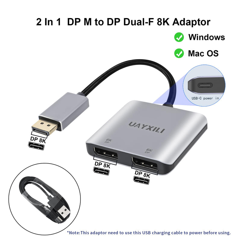 DisplayPort to Dual DP Adapter 8K@60Hz, DP Splitter 1 in 2 Out Extended Display MST for Dual Monitors, Compatible with PC, Graphic Card, NVIDIA, AMD DP to dual DP adapter 8K DP to dual DP splitter 8K