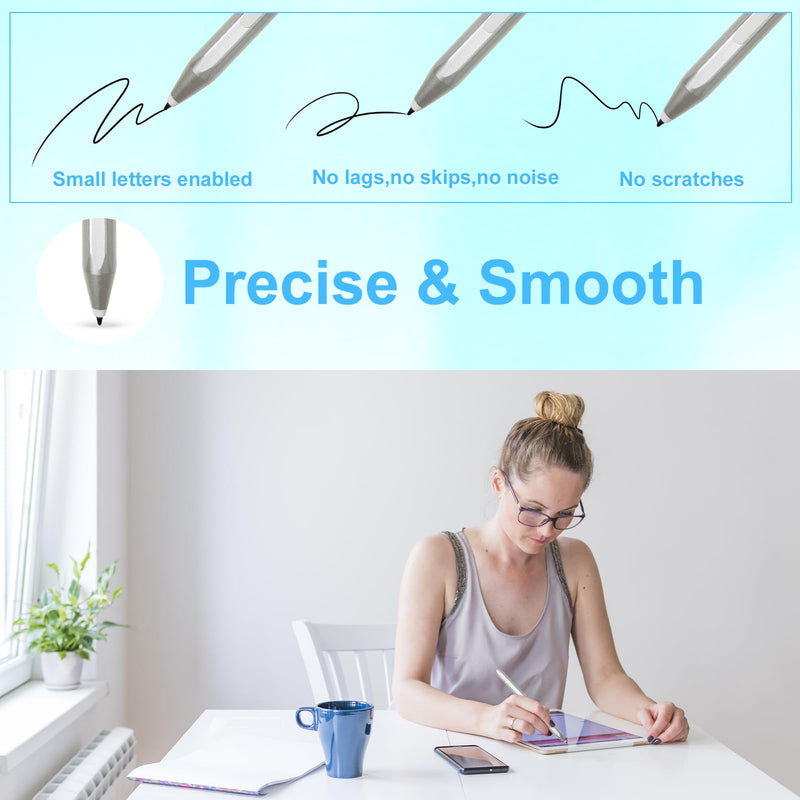 Surface Stylus Pen for Microsoft Surface Pro 11/X/9/8/7/6/5/4/3, Surface Go 4/3/2, Surface Laptop/Studio/Book Series, Pen with Level 1024 Pressure, Eraser & Right-Click, Palm Rejection (Silver) Silver