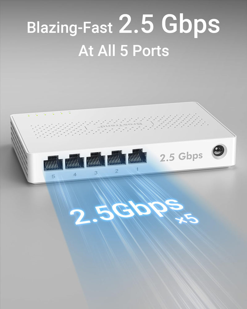 BrosTrend 5 Port 2.5Gb Switch Unmanaged for PC, Game Consoles, NAS, Server | 2.5 Gigabit Ethernet Switch Multi-Gigabit Plug & Play for Gaming, Fanless Quiet, Desktop / Wall Mount, Lifetime Protection