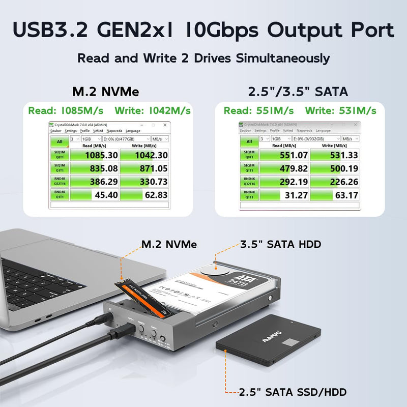 M.2 NVMe SSD & 3.5 Inch SATA HDD Enclosure, Clone NVMe to SATA, 10Gbps USB3.2 Gen2x1 Type-C Hard Drive Docking Station Reader 38TB Capacity 12V 3A Power