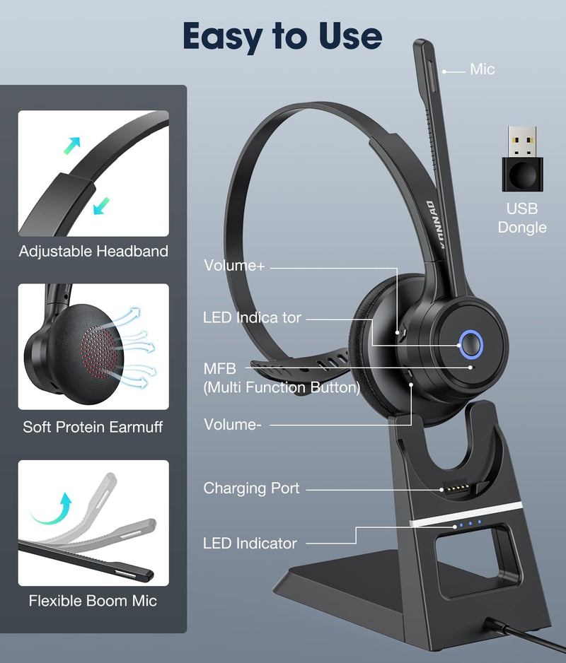 Bluetooth Headset with AI Noise Cancelling Microphone, V5.3 Wireless Headphones with USB Dongle, Charging Station, Microphone Mute Switch, Wireless Headsets for Work Black