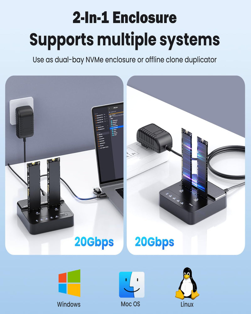 Dual Bay NVMe SSD Cloner & Duplicator - 20Gbps USB 3.2 Gen 2x2 M.2 Enclosure Dock, Tool-Free Offline Clone Reader/Adapter for PCIe NVMe SSDs (M-Key/B+M Key) Supports 2230 2242 2260 2280 22110