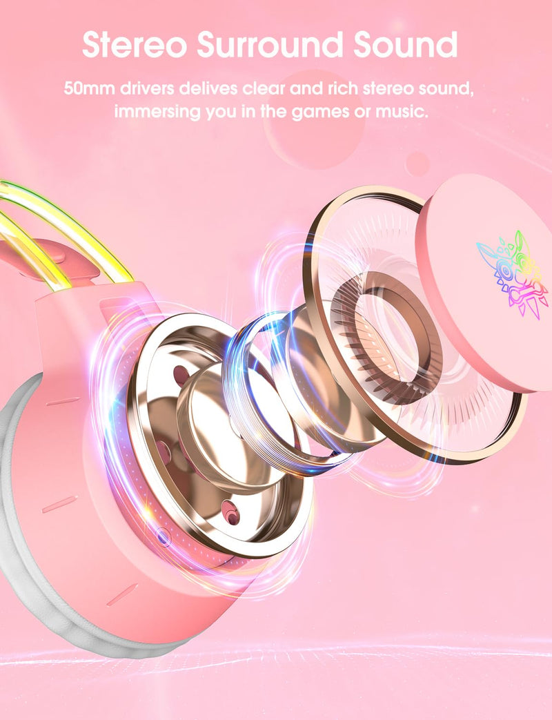 Lightweight Gaming Headset with Detachable Cat Ears, RGB Lighting, Wired Over Ear Headphones with Mic for PC, PS4, PS5, Switch, Stereo Surround Sound, Self-Adjusting Headband Pink Cat Ear