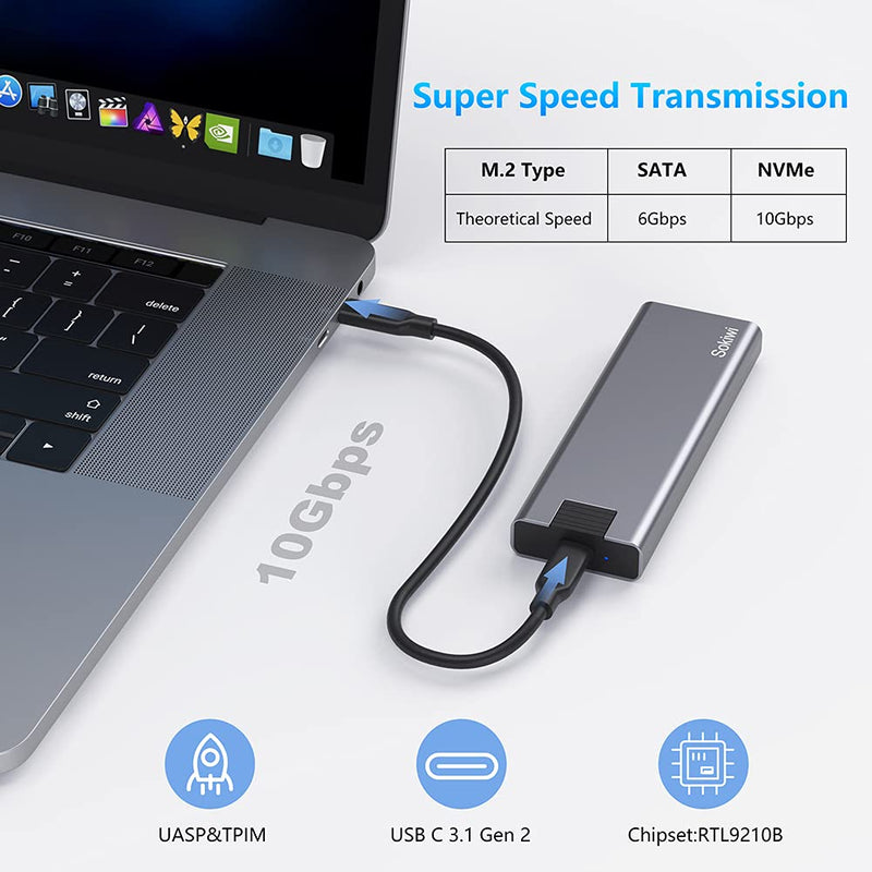 M.2 NVME SATA SSD Enclosure Adapter Tool-Free, RTL9210B Chips, USB C 3.1 Gen 2 10Gbps NVME, 6Gbps SATA PCIe M-Key(B+M Key), Support UASP Trim for SSD Size 2242/2260/2280