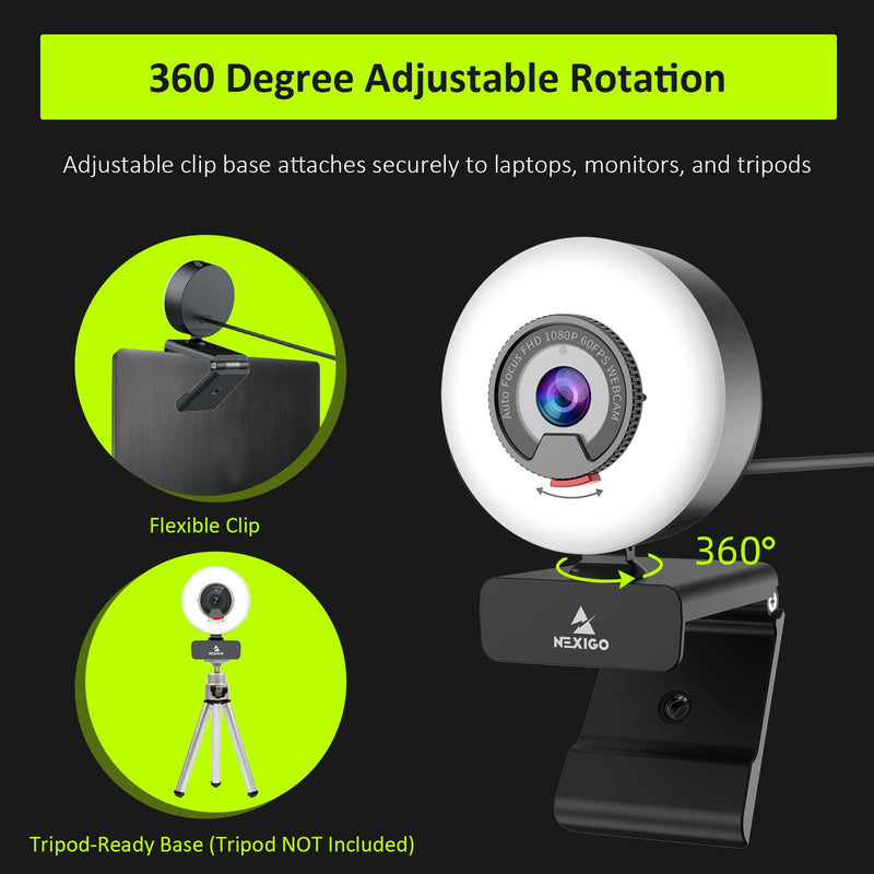NexiGo N960E 1080P 60FPS Webcam with Light, Software Included, Fast AutoFocus, Built-in Privacy Cover, USB Web Camera, Dual Stereo Microphone, for Zoom Meeting Skype Teams Twitch