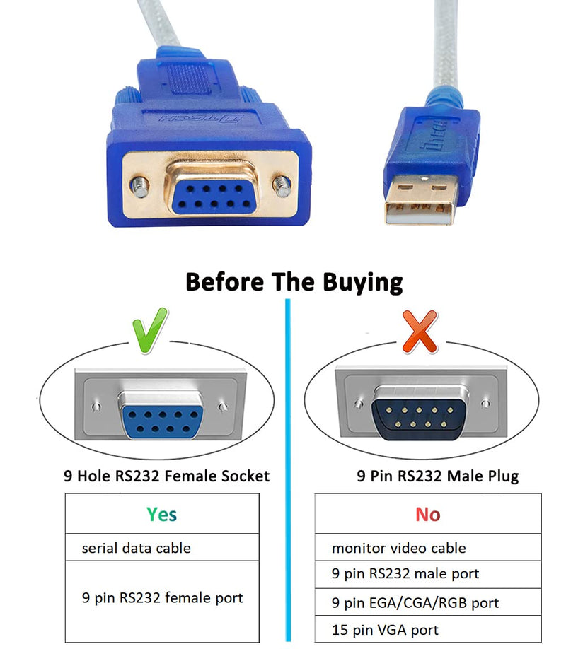 DTECH 6 Feet USB to RS232 DB9 Female Serial Adapter Cable Windows 11 10 8 7 Mac Linux Serial to USB 2.0 (PL2303 Chip) 6ft RS233 cable