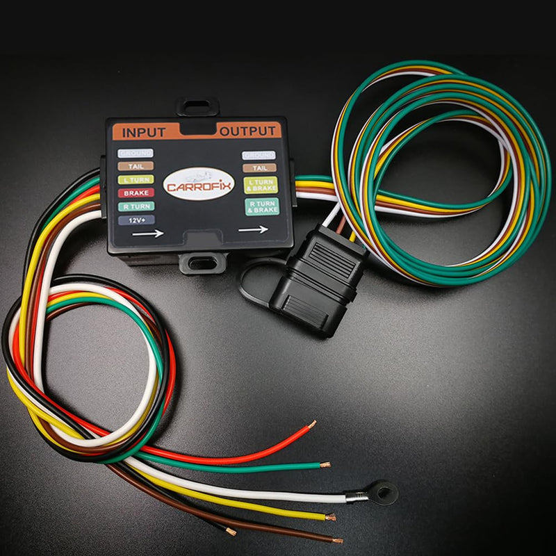 Powered 3-to-2-Wire Trailer Tail Light Converter with 1.5ft Leads and 4.8ft 4-Way Wiring Harness Connector - LED Compatible
