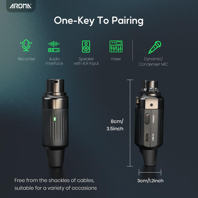 AROMA Wireless XLR Transmitter Receiver, UHF Wireless Microphone Audio System for Dynamic Mics PA Mixer