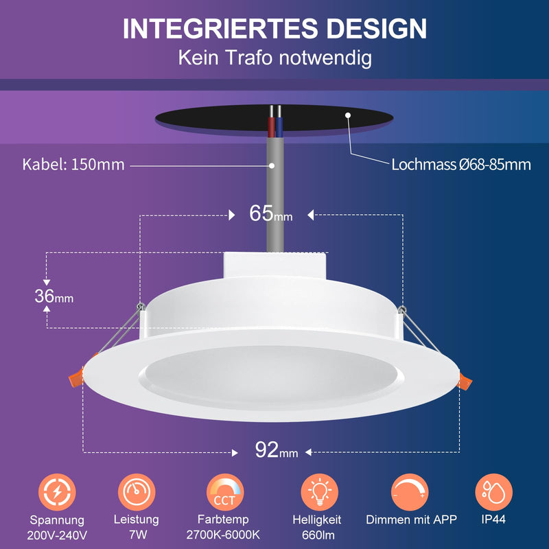 [AUSTRALIA] - DUSKTEC Recessed LED Downlights Alexa, Smart Spot Lights Ceiling with APP & Voice Control, RGB Colour LED Spotlights 2700K-6000K, 7W Warm White to Cool White Dimmable Ceiling Recessed Lights Ø68-85mm Lochmass 7W 