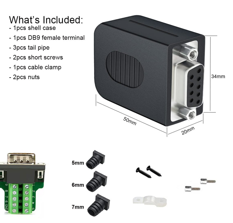 DTECH DB9 Breakout Connector DB-9 Female RS232 Serial Adapter Solderless Module Board with Terminal Block, Case, Nuts and Tail Pipes (DB9 Female + Nuts) DB9 female + nuts