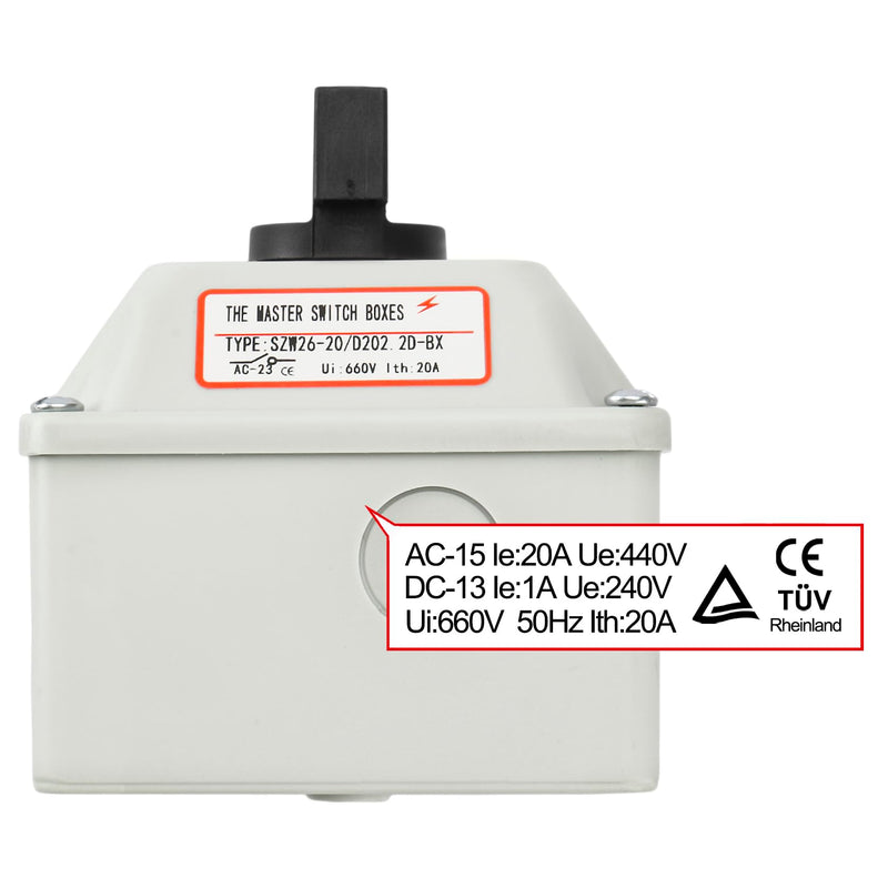 [AUSTRALIA] - Universal Rotary Cam Selector Changeover Switch, SZW26-20/D202.2D, 660V 20A, ON-Off-ON, 3 Position 2 Phase 8 Terminals, with Master Switch Exterior Box (Bigger Box) Bigger Box 