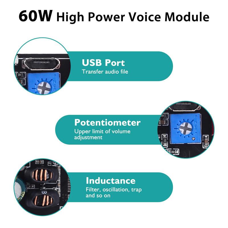 60W Voice Playback Module, PEMENOL DC 9-24V High Power Music Player Mp3 Trigger Amplifier 64Mbit Flash Storage Sound Board Support Sound and Light Alarm Present Electronics DIY 60W Biult-in Storage