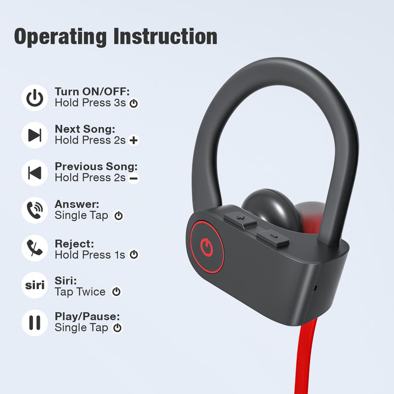 Bluetooth Headphones Wireless Earbuds 16H Playtime Wireless Headphones IPX7 Waterproof Bluetooth 5.3 Running Headphones with Mic Stereo In Ear Earphones Sound Isolation for Workout, Sports Red A, Red