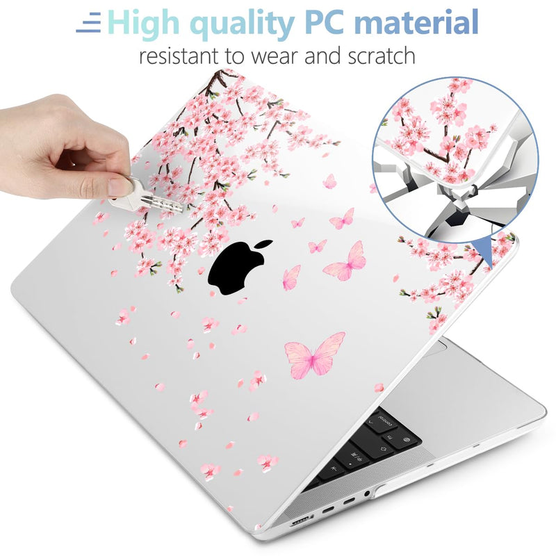 MEEgoodo for M3 MacBook Pro 14 inch Case 2023 2021 A2918 A2992 A2779 A2442 M2 M1 Pro/Max, Clear Laptop Hard Shell Cases with Keyboard Webcam Cover & Trackpad Film & Type C Adapter, Cherry Blossoms