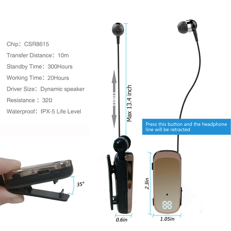 Retractable Wireless Headset Headphone Stereo Earphone V5.0 Noise Cancelling Mic Clip on Earpiece Comfortable HandsFree Headset 20Hrs Talking Time Sports Business Trucker Driver Earbud Yellow