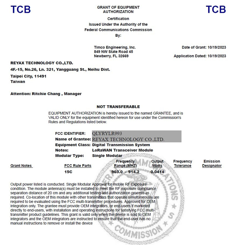 RYLR993_lite RYLR993 868/915MHz LoRaWAN® & Proprietary Dual mode Transceiver antenna module long distance! FCC CE MIC NCC Certification