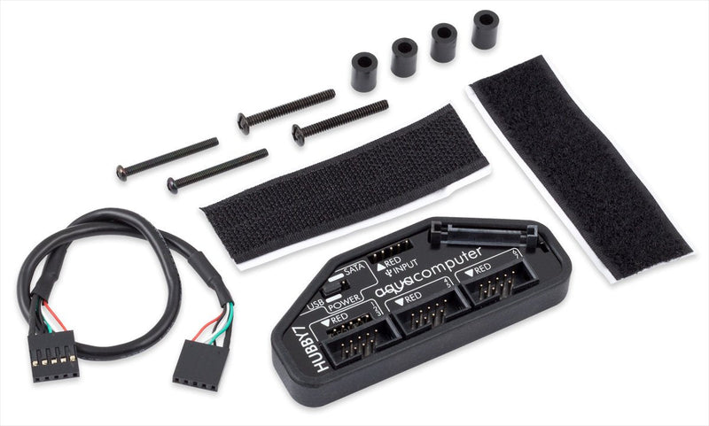Aquacomputer HUBBY7 Internal USB 2.0 Hub | 7-Port Internal USB 2.0, Current Monitoring, Overcurrent Auto-Shutdown, Safety Fuse, USB or SATA Power