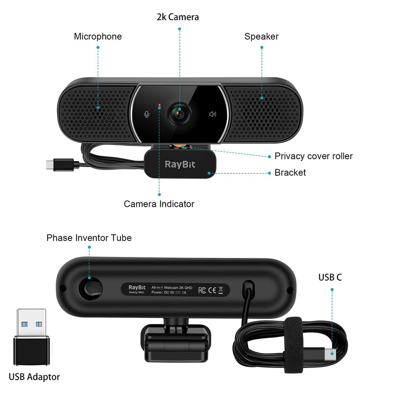 3 in 1 Webcam - 2K HD USB C Webcam with Microphone and Speaker, Stereo Sound & Noise-Cancelling Mics, Privacy Cover, Light Correction, Autofocus Conference Web Camera for Computer/Laptop/PC/Monitor SeeUpMini