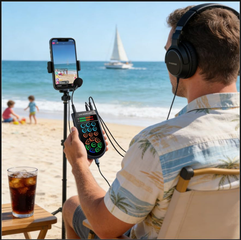 [AUSTRALIA] - M300 Small Handheld Sound Card Set for Singing & Live Streaming, Voice Changer with Reverb/Vocal Enhancement/Vocal Changer/Sound Effects, w/AUX/Type-C/Bluetooth in, Includes Condenser Mic & Headphones 