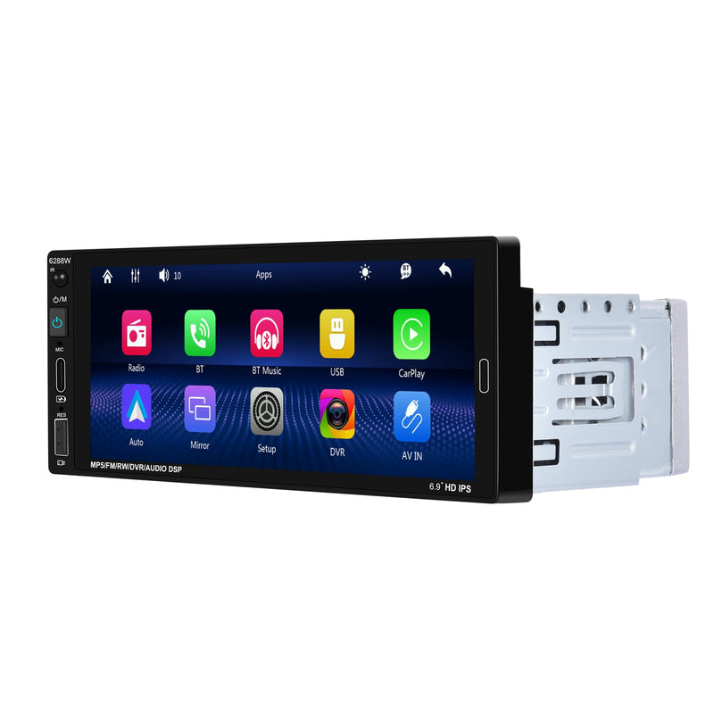 [Fuluku] 6.9 Inch Single Din Car Stereo with Wireless Carplay Android Auto | Wireless Carplay Android Auto,1 Din Car Radio BT with Backup Camera, Mirror Link, FM, EQ, USB/Type-C/Aux Input, Mic, SWC
