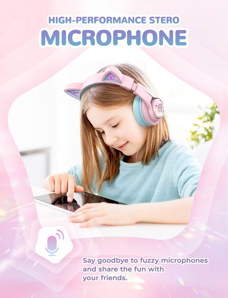 iClever Cat Ear Kids Bluetooth Headphones, LED Lights Up, 74/85/94dB Volume Limited, 50H Playtime,Bluetooth 5.2, USB C, Kids Headphones Wireless for Travel iPad Tablet, Meow Macaron (Pink) Pink