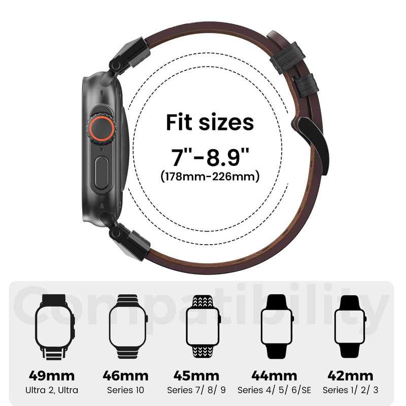 Top Grain Genuine Leather Compatible with Apple Watch Ultra Band 49mm 46mm 45mm 44mm 42mm, Rugged Metal Connector Band Strap for Women Men iWatch Ultra 2/1 Series 10 9 8 7 6 5 4 3 2 1 SE