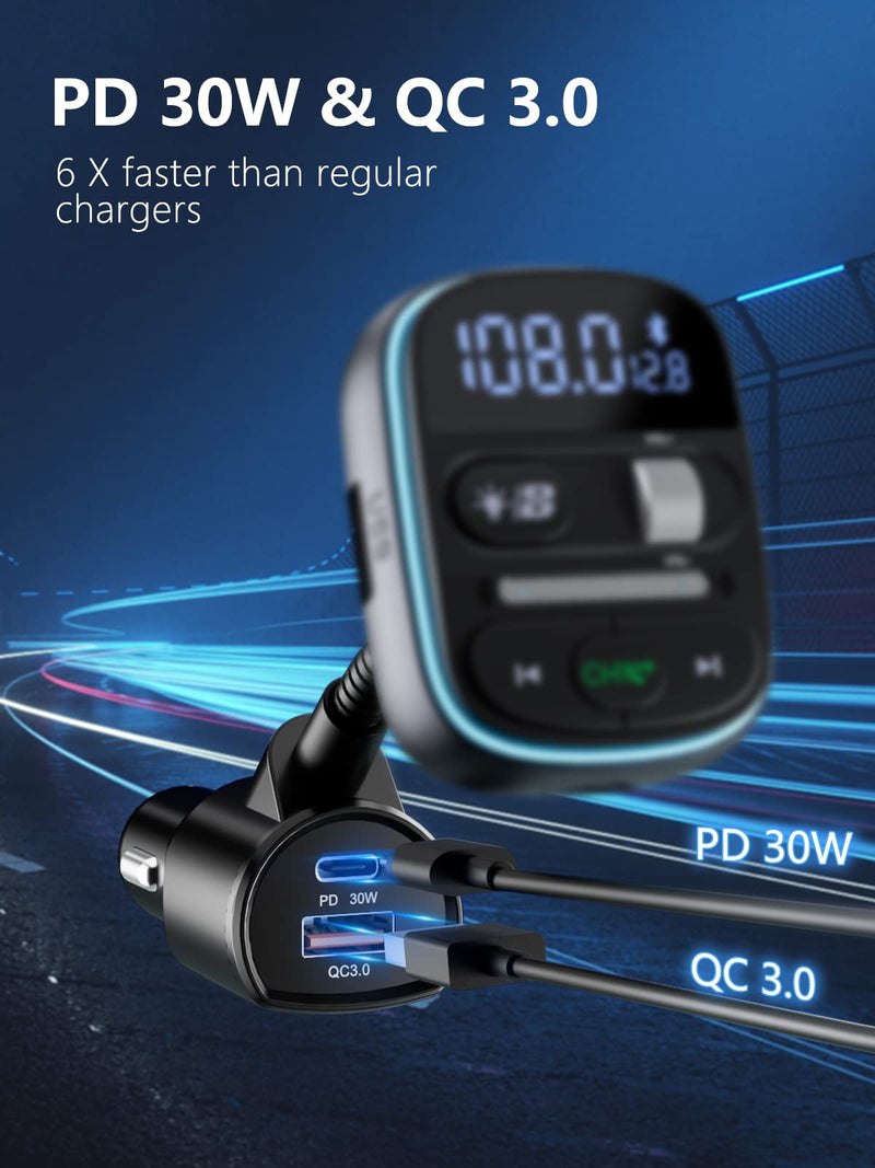 [AUSTRALIA] - LENCENT Bluetooth FM Transmitter PD 30W, Bluetooth Car Adapter with QC3.0 Fast Charger, Hi-Fi Bass Music, Wireless Radio Receiver Hands-Free Calling, [Color Light] 