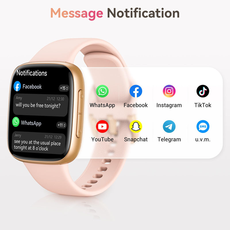Smart Watch for Women, Answer/Make Call, 1.85" AMOLED Always-On Screen Smartwatch for iPhone & Android, 3ATM Waterproof Fitness Tracker with Heart Rate/Sleep/SpO2 Monitor, 120+ Sport Modes, 2 Bands Pink