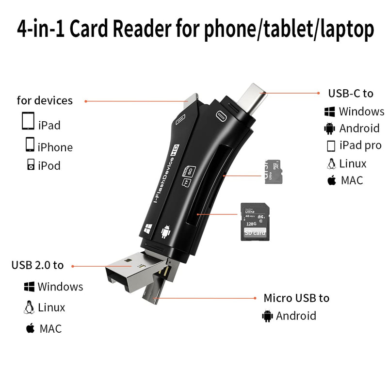 ZOIOT SD Card Reader for iPhone / iPad / MacBook / Android / Camera / Computer 4 in 1 Micro SD Card Reader USB C Memory Card Reader Portable Trail Camera Viewer Compatible with SD TF (Black)